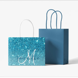 Modern Blue Glitter Sparkles Personalised Name Large Gift Bag