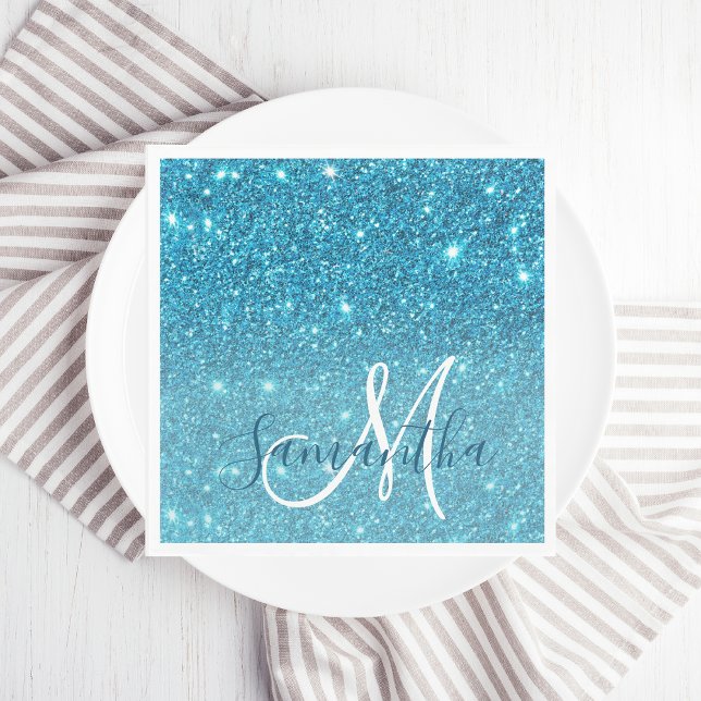 Modern Blue Glitter Sparkles Personalised Name Napkin (Creator Uploaded)