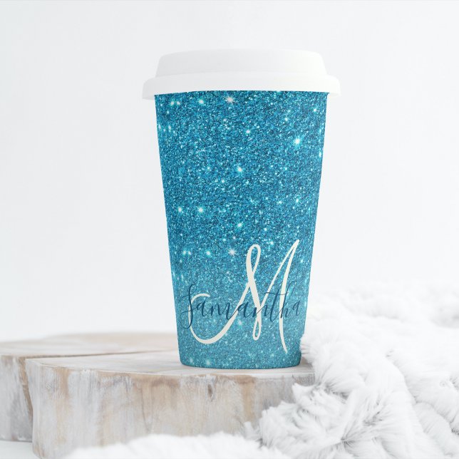 Modern Blue Glitter Sparkles Personalised Name Paper Cups (Creator Uploaded)