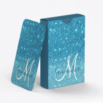 Modern Blue Glitter Sparkles Personalised Name Playing Cards