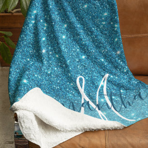 Modern Blue Glitter Sparkles Personalised Name Sherpa Blanket