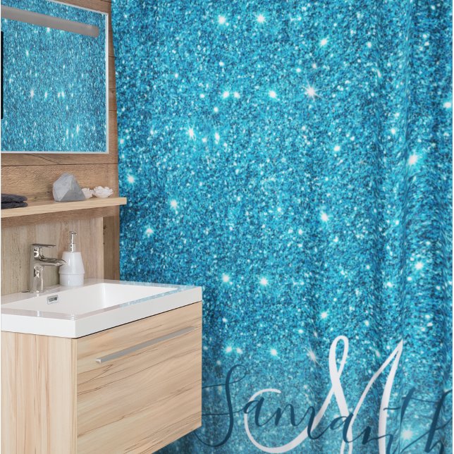 Modern Blue Glitter Sparkles Personalised Name Shower Curtain (Creator Uploaded)