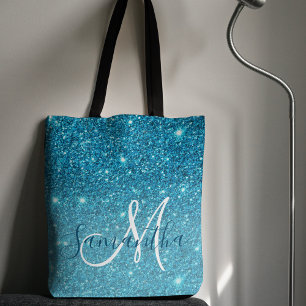 Modern Blue Glitter Sparkles Personalised Name Tote Bag