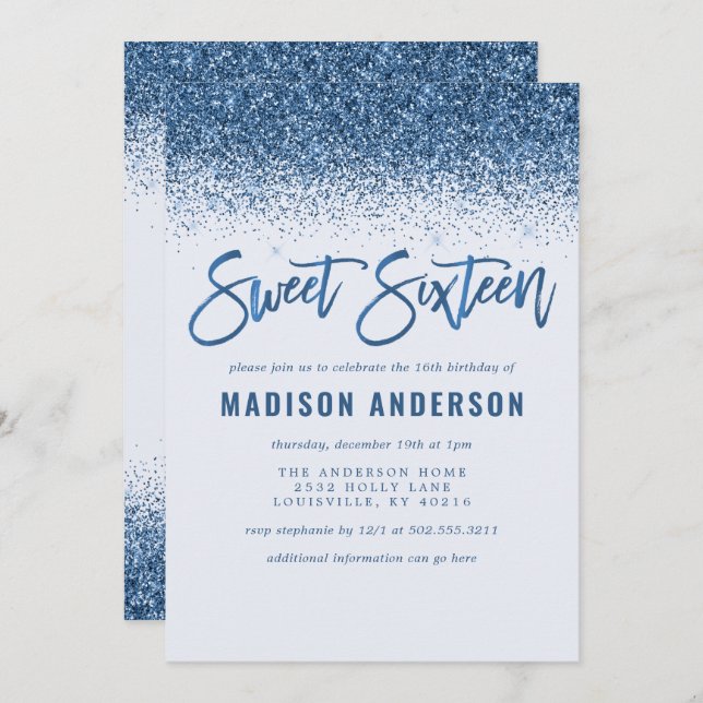 Modern Blue Glitter Sweet 16 Birthday Party Invitation (Front/Back)