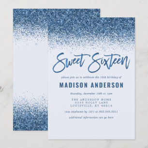 Modern Blue Glitter Sweet 16 Birthday Party Invitation