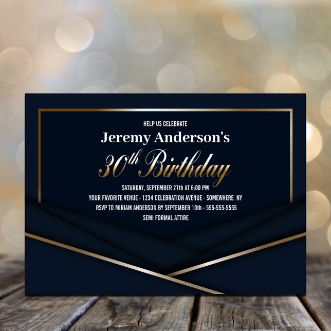 Modern Blue Gold 30th Birthday Party Invitation (Creator Uploaded)