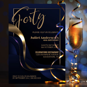 Modern Blue Gold 40th Birthday Party Invitation