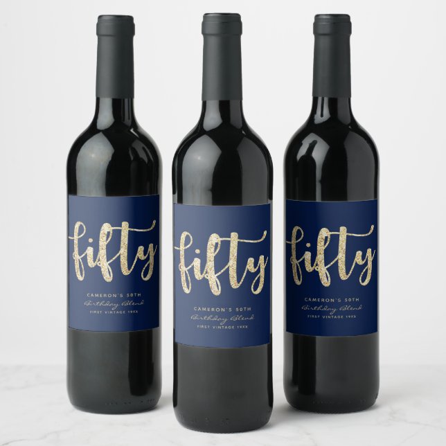 Modern Blue & Gold 50th Birthday Personalised Wine Label (Bottles)