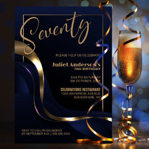 Modern Blue Gold 70th Birthday Party Invitation