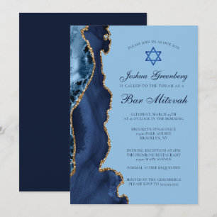 Modern Blue Gold Agate Bar Mitzvah Party Invitation