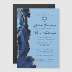 Modern Blue Gold Agate Bar Mitzvah Party Magnetic Invitation