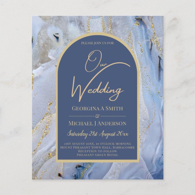 Modern Blue Gold Agate Marble Arch Wedding Flyer (Front)