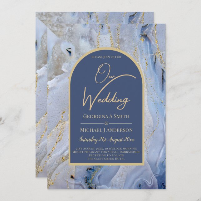 Modern Blue Gold Agate Marble Arch Wedding Invitation (Front/Back)