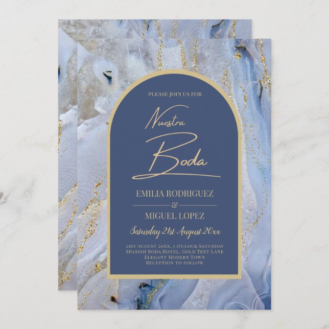 Modern Blue Gold Agate Marble Arch Wedding Invitation (Front/Back)