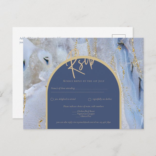 Modern Blue Gold Agate Marble Arch Wedding Postcard (Front/Back)