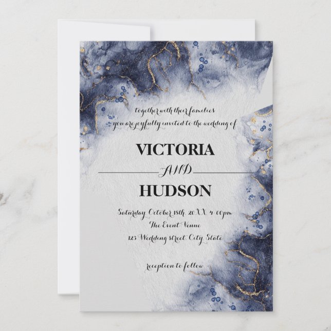 Modern Blue Gold Agate Marble Invitation (Front)