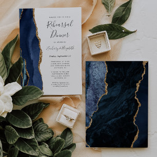 Modern Blue Gold Agate Wedding Rehearsal Dinner Invitation