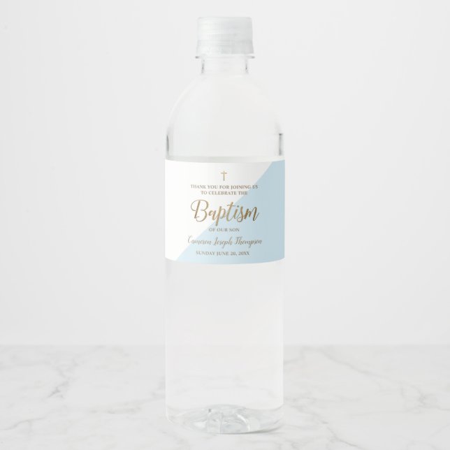 Modern Blue Gold Baptism Script Thank You Water Bottle Label (Front)