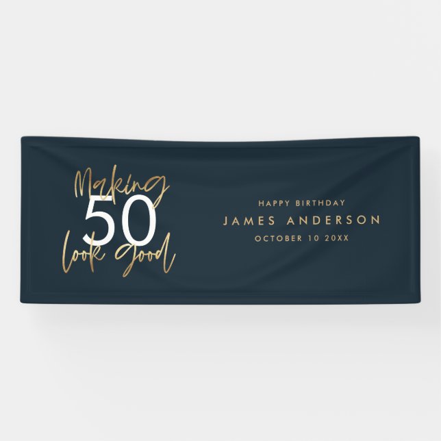 Modern blue gold birthday simple elegant script banner (Horizontal)