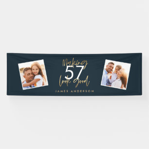 Modern blue gold birthday simple elegant script banner