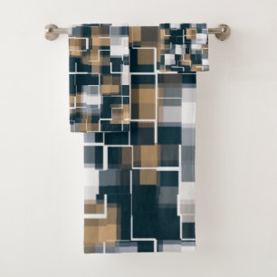 Modern Blue Gold Brown Black White Plaid Bath Towel Set