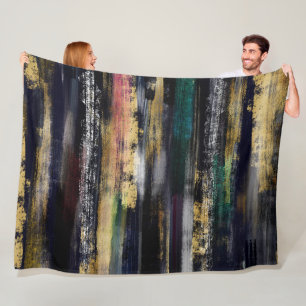 Modern Blue Gold Brushstrokes Abstract Painting Fleece Blanket