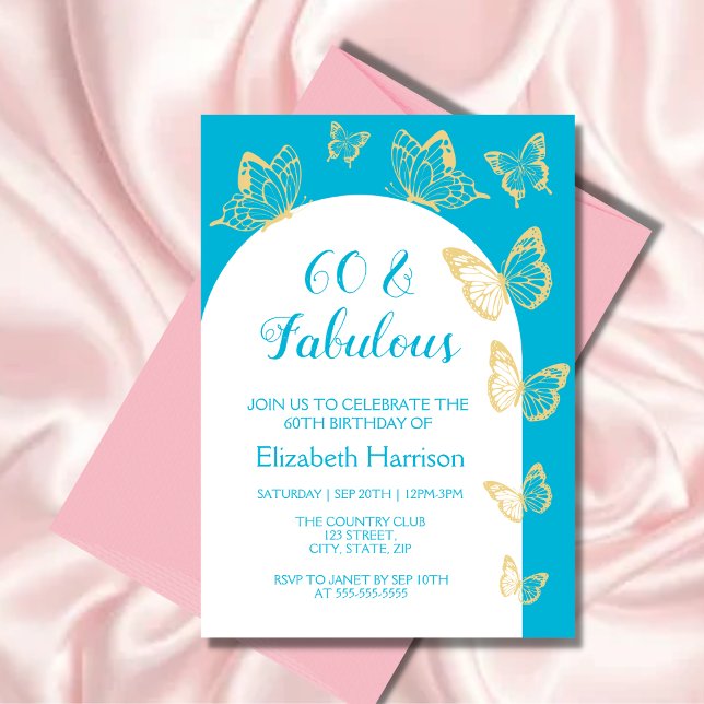 Modern Blue Gold Butterflies Fabulous Birthday Invitation (Creator Uploaded)