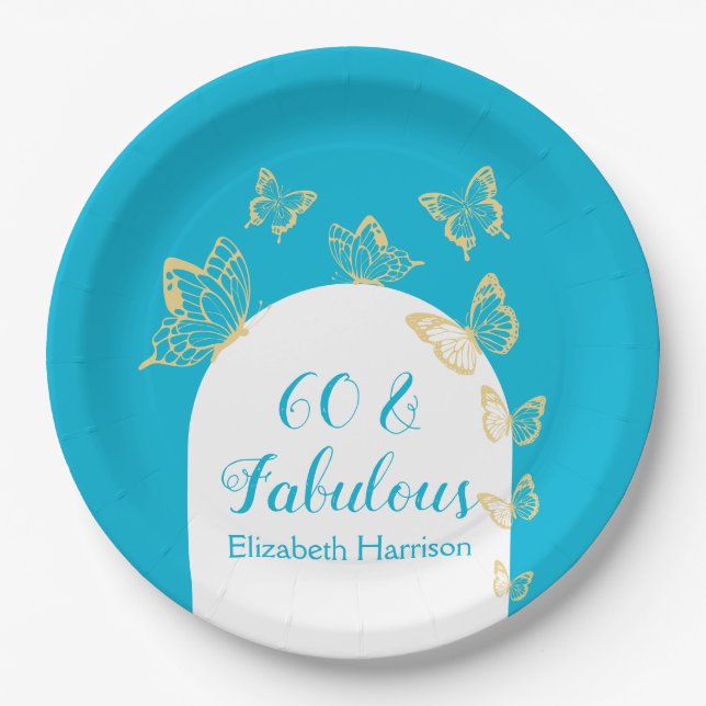 Modern Blue Gold Butterflies Fabulous Birthday Paper Plate (Front)