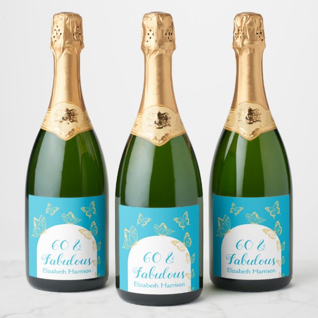 Modern Blue Gold Butterflies Fabulous Birthday Sparkling Wine Label (Bottles)