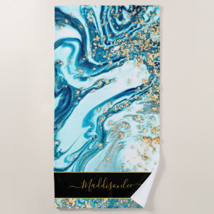 Modern Blue Gold Chic Marble Agate Monogram Name Beach Towel