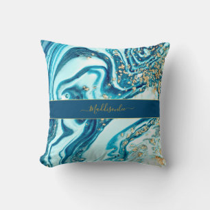 Modern Blue Gold Chic Marble Agate Monogram Name Cushion