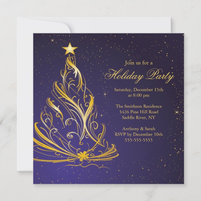 Modern Blue & Gold Christmas Holiday Party Invitation (Front)