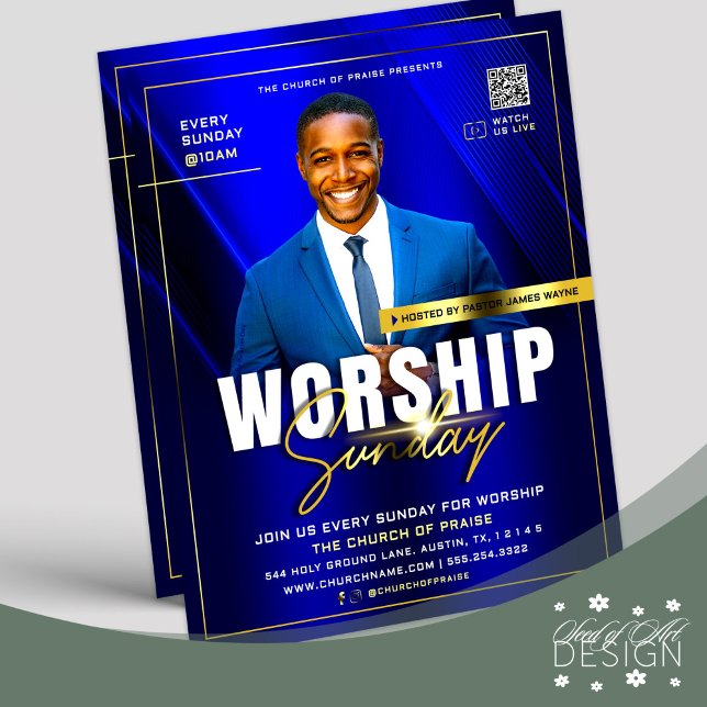 Modern Blue & Gold Church Worship Sunday Service Flyer (Creator Uploaded)
