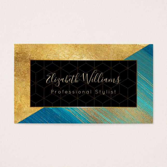 Modern Blue Gold Colour Block Business Cards (Front)