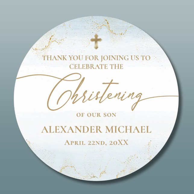 Modern Blue Gold Cross Boy Christening Classic Round Sticker (Creator Uploaded)