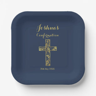 Modern blue gold cross name boy confirmation paper plate