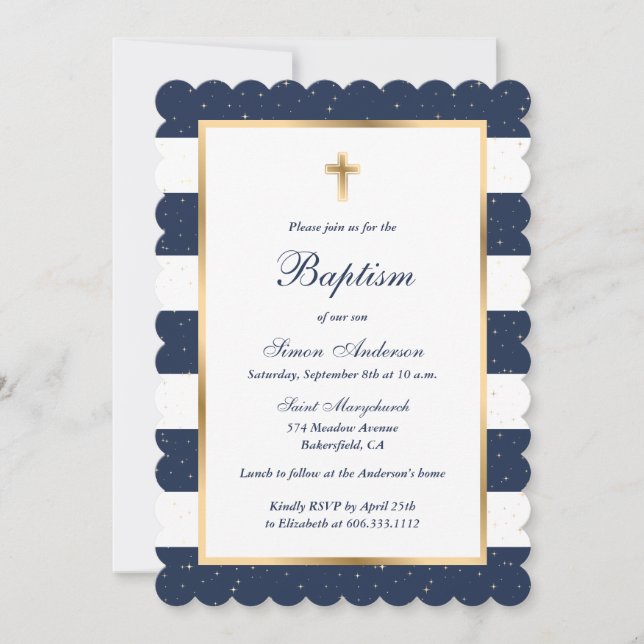 Modern Blue Gold Cross Striped Boy Baptism Invitation (Front)