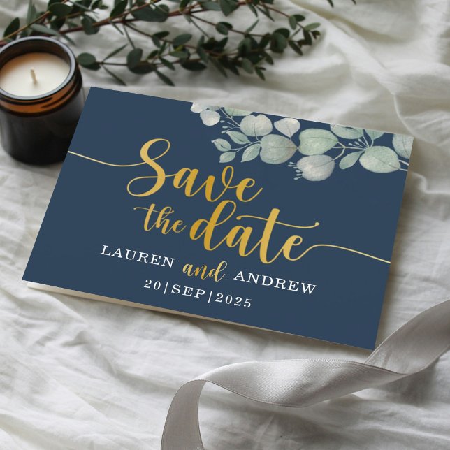 Modern Blue & Gold Eucalyptus Save the Date Postcard (Creator Uploaded)