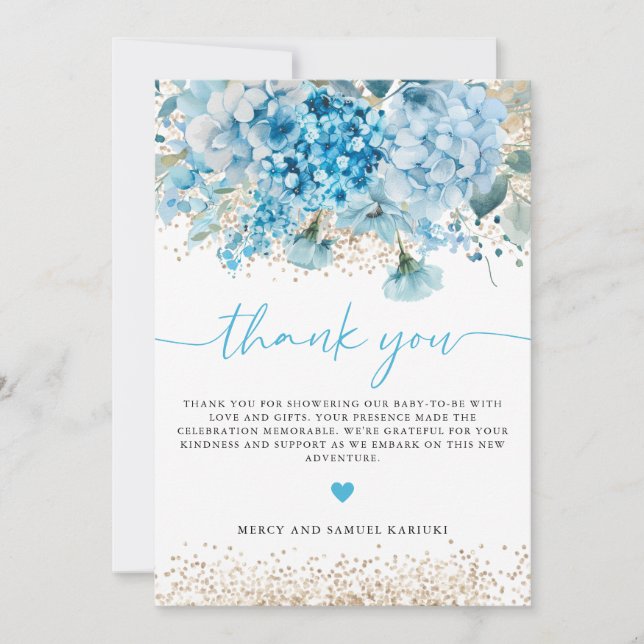 Modern Blue Gold Floral Baby Shower Welcome Sign Thank You Card (Front)