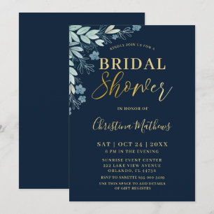 Modern Blue & Gold Floral Bridal Shower Invitation