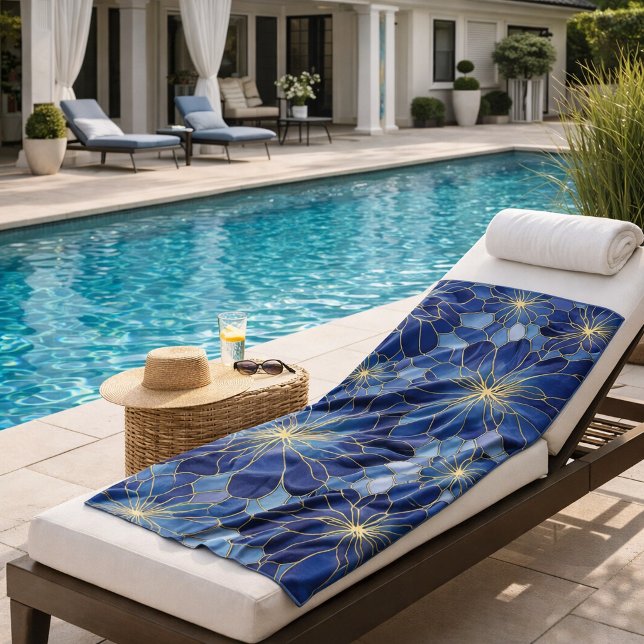 Modern Blue Gold Floral Pattern Beach Towel (Creator Uploaded)