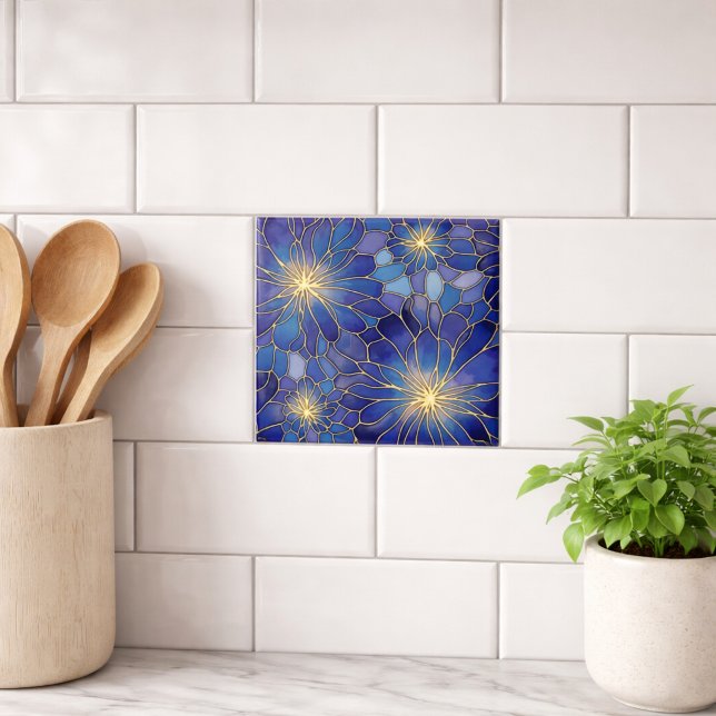 Modern Blue Gold Floral Pattern Ceramic Tile (Creator Uploaded)