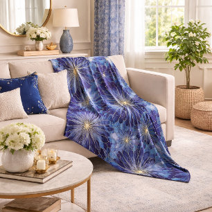 Modern Blue Gold Floral Pattern Fleece Blanket
