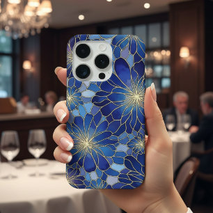 Modern Blue Gold Floral Pattern iPhone 15 Pro Case