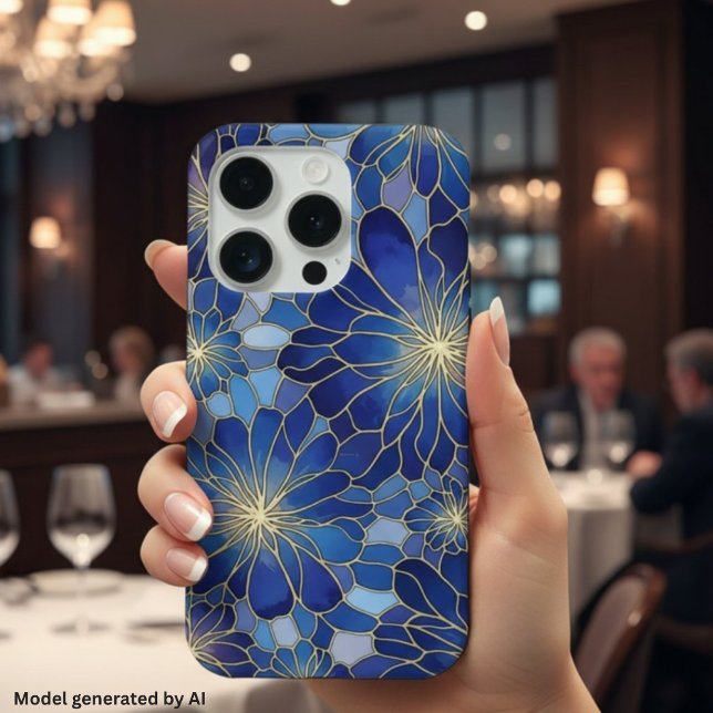 Modern Blue Gold Floral Pattern iPhone Case (Creator Uploaded)