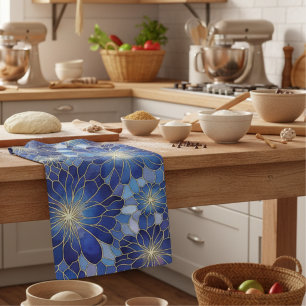 Modern Blue Gold Floral Pattern Tea Towel