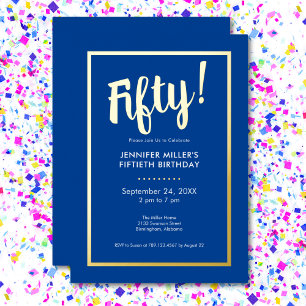 Modern Blue & Gold Foil 50th Birthday