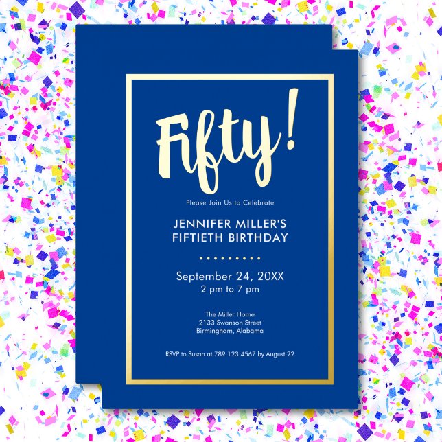 Modern Blue & Gold Foil 50th Birthday (Modern Blue & Gold Foil 50th Birthday Foil Invitation)
