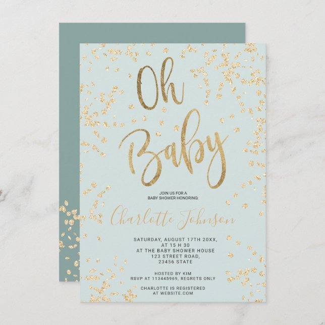 Modern blue gold foil confetti oh baby shower invitation (Front/Back)
