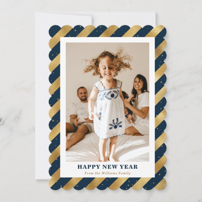 Modern Blue Gold Foil Photo Happy New Year Card (Front)